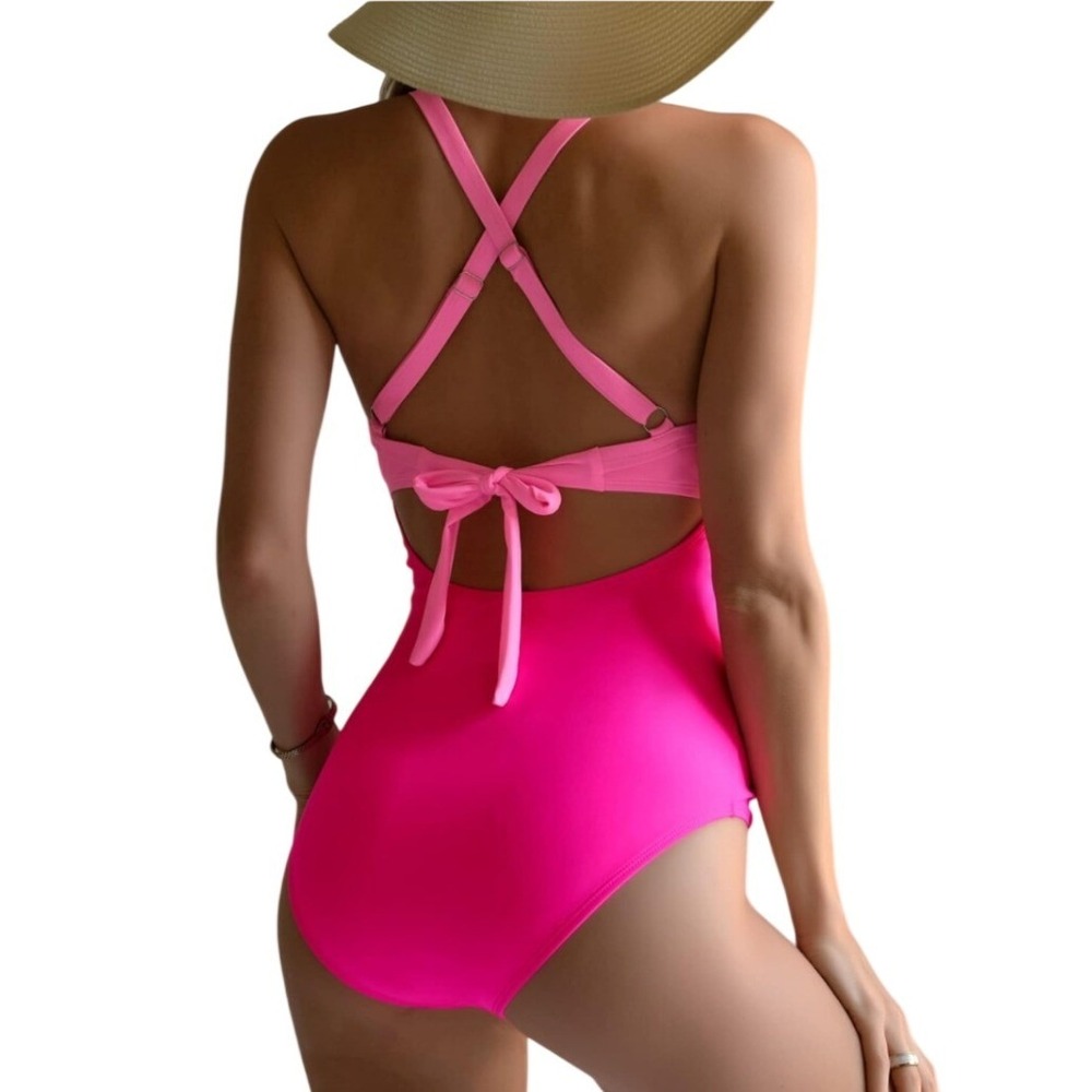 Eomenie Womens Pink Colorblock Cutout One Piece Swimsuit Monokini Size M NEW - Picture 3 of 7